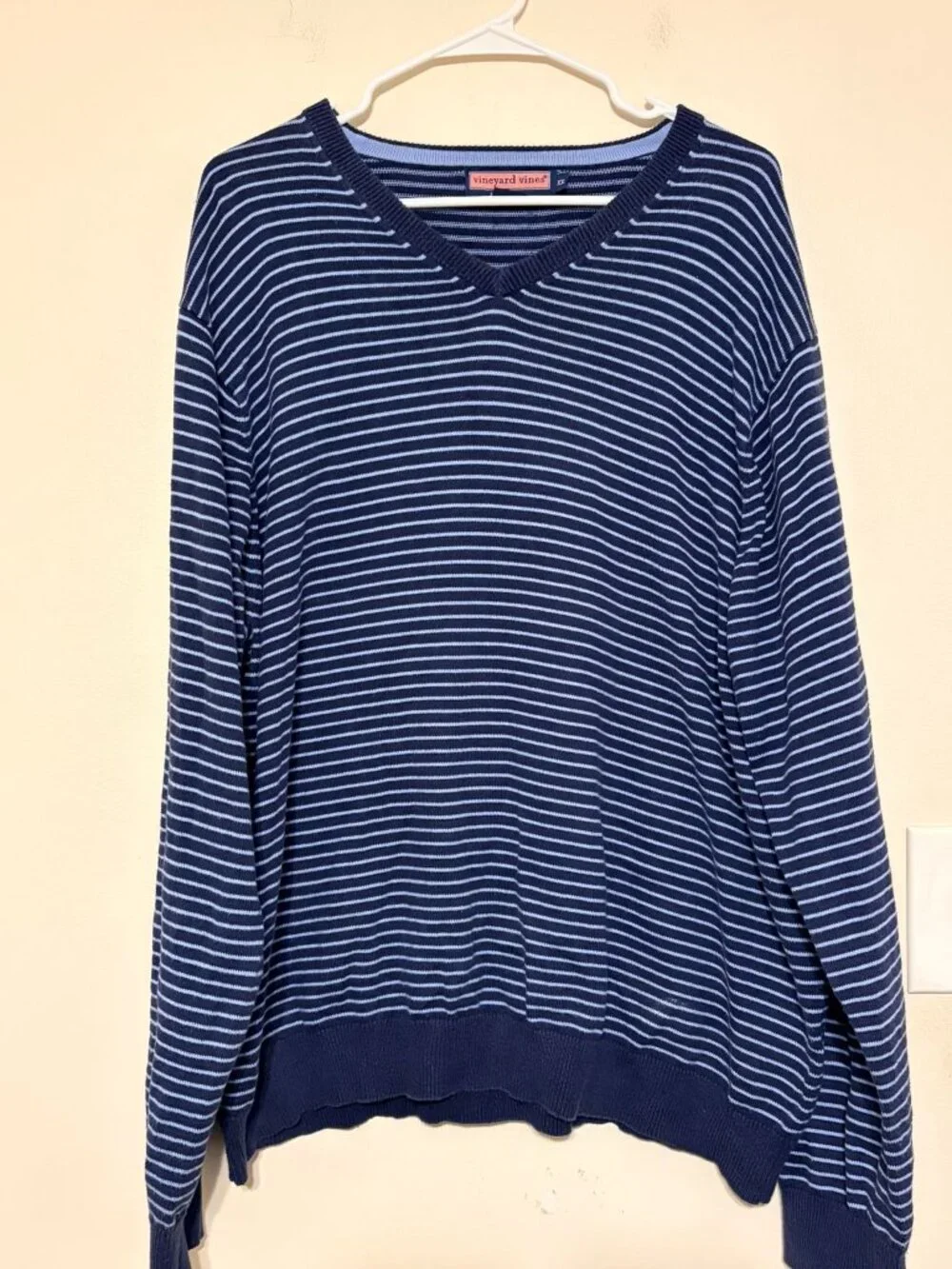 Men's Vineyard Vines Blue White Stripe Merino Wool Silk Blend V-Neck Sweater XXL